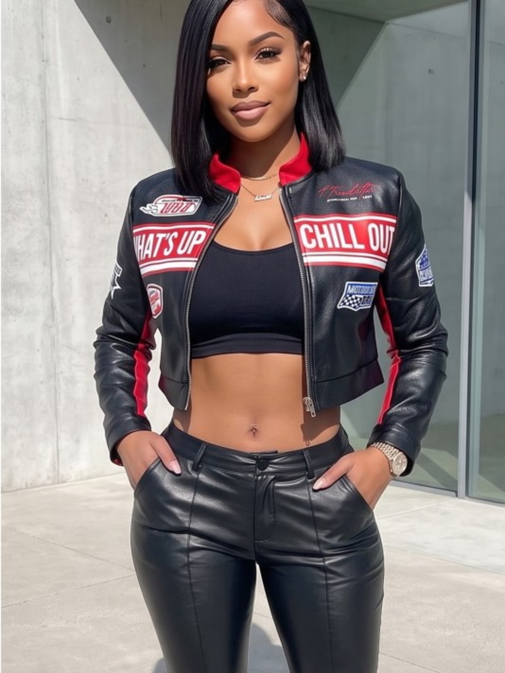 Black & Red Cropped Moto Jacket - Women's Racing Style J-92102